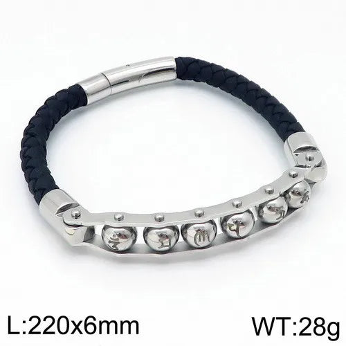 REBEL Trendy Mens Fashion Bracelets Bangles Stainless Steel Beads Leather Bracelet Bangle