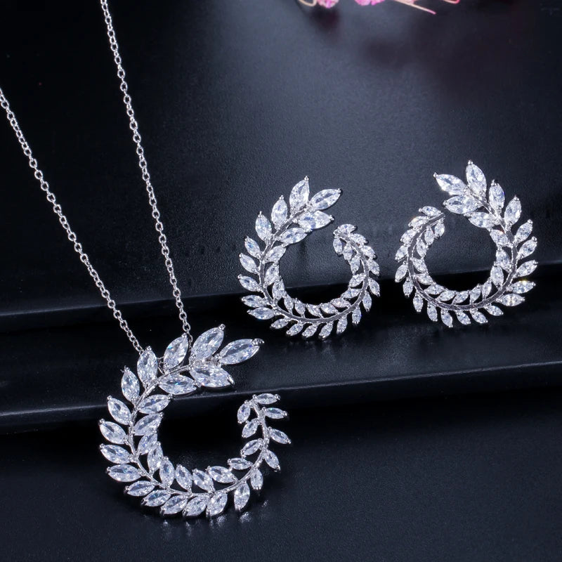 Women Costume Jewelry Long Leaf Olive Branch Marquise Cut Pendant Necklace and Earring Sets with Sparkly White Cubic Zirconia