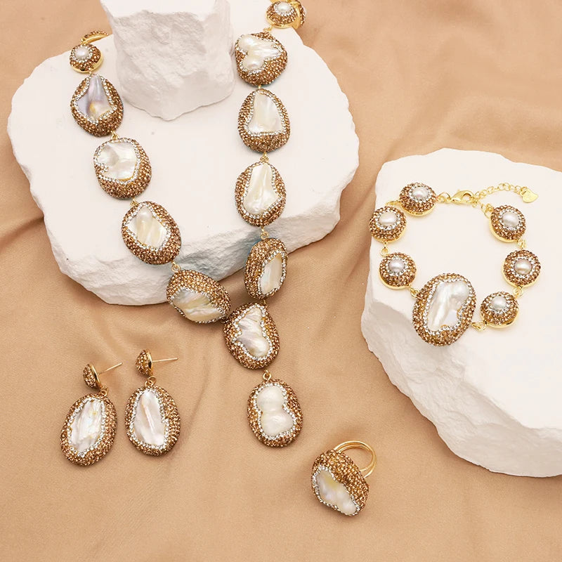 XOTICA Natural Baroque Pearl 18K Gold Plated Women's Gift Jewelry Necklace Bracelet Earrings Fashion Designer Jewelry Set