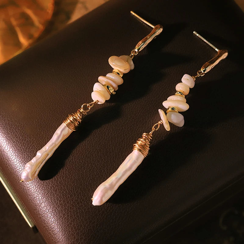 Baroque Natural Pearl Layered Shell Pendant Earrings 18k Gold Plated Handmade Design Earrings for Banquet Wedding Wife GE1820