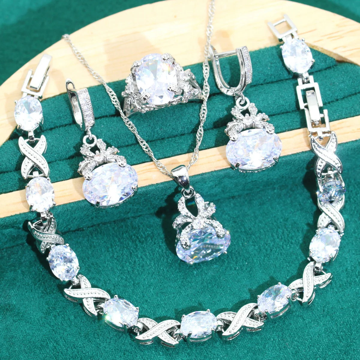 XOTICA Exquisite Blue Zircon Bracelet Earrings Necklace Pendant Ring Set Gold Color Women's Wedding Jewelry for Parties Made of Alloy