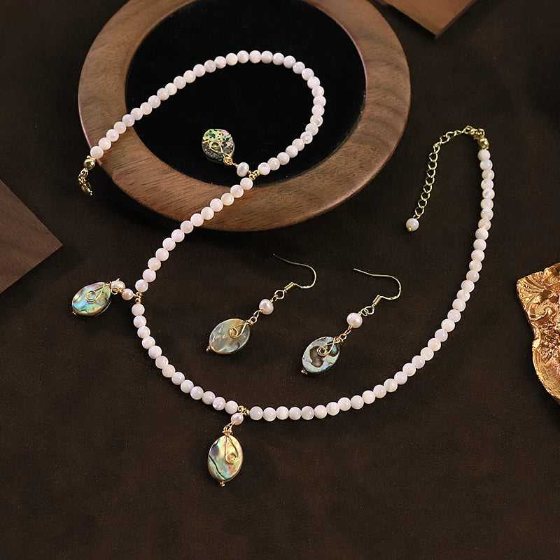 GLSEEVO Natural Freshwater Pearl & Abalone Shell Necklace & Earrings Set — Vintage Coastal Jewellery