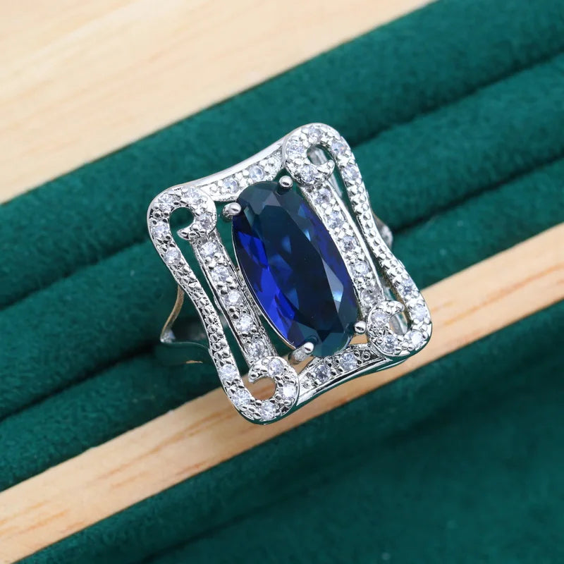 Luxury Fine Jewelry Silver Ring Custom Zircon with Blue Crystal for Wedding Women's Party Engagement Anniversary-Wholesale
