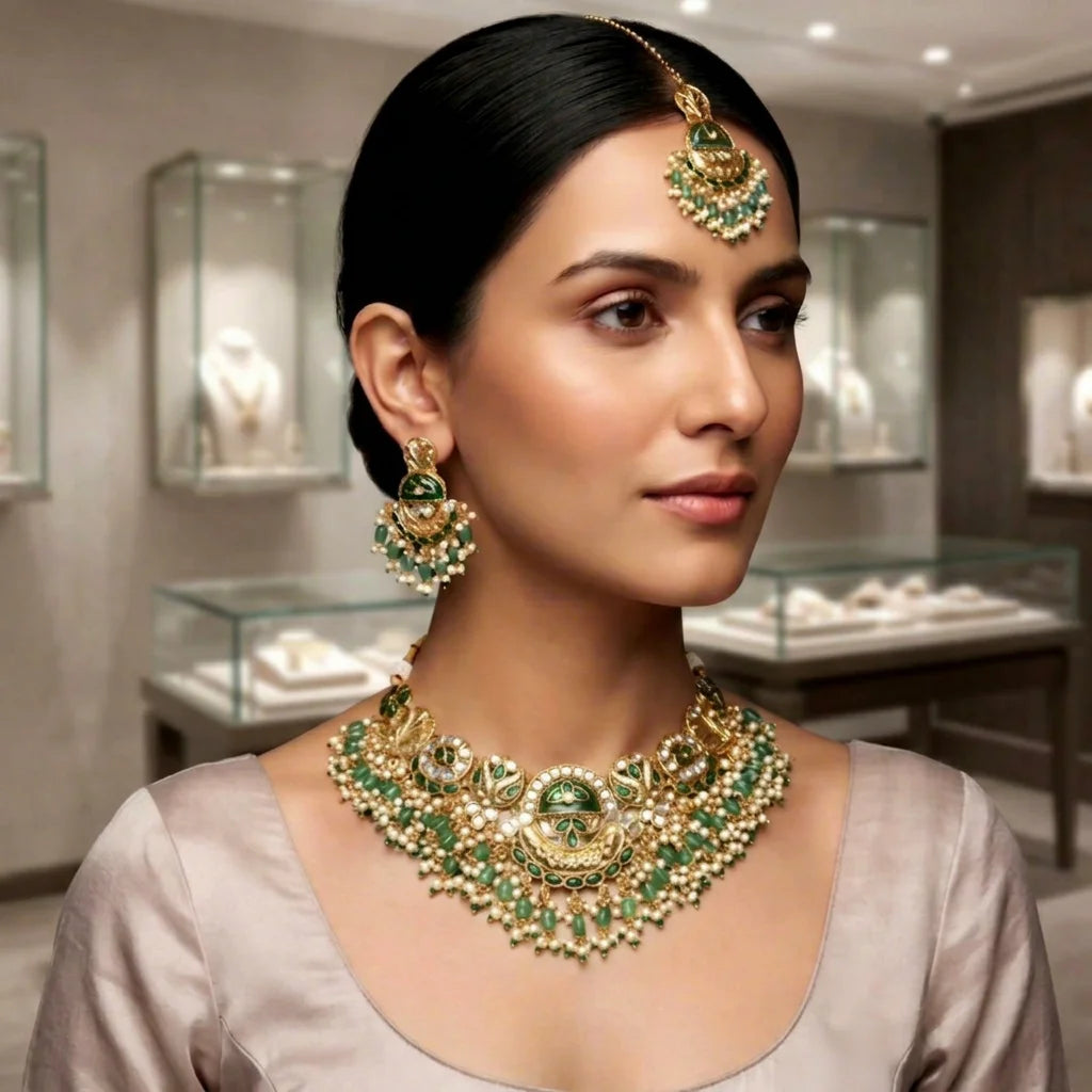 Luxury Green Copper Alloy Zircon Imitation Pearl Bridal Wedding Anniversary Gift Women's Traditional Ethnic Indian Necklace