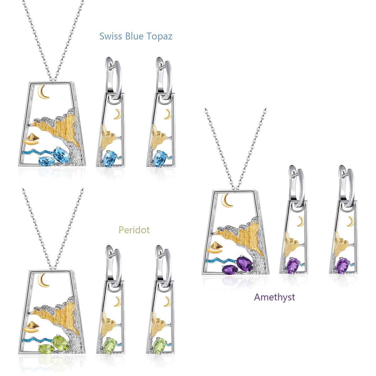 ArtistA C8208 Abiding High-end Silver 925 Landscape Natural Gemstone Swiss Blue Topaz Amethyst Peridot Earrings Pendant Jewellery Set