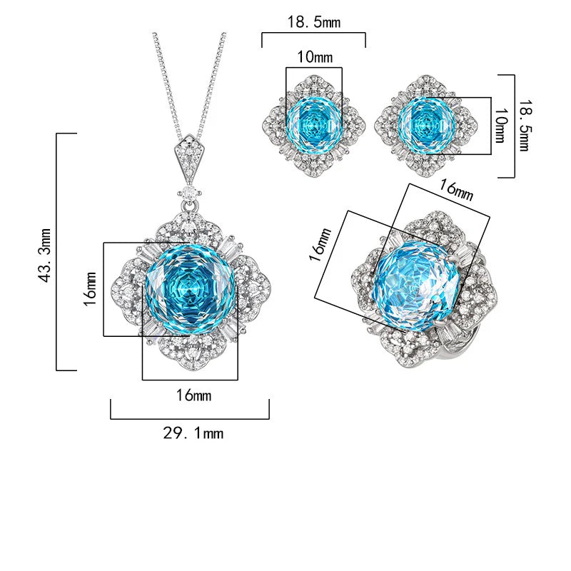 Gemfiori Luxury Korean Style Necklace Ring Earring Sea Blue Zircon French Retro Women's Elegant Set