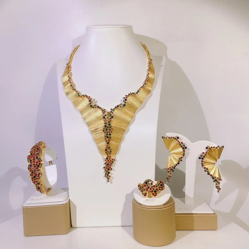 High End Luxury 18K Gold Plated Hyperbolic Africa Style Colorful Cubic Zirconia Full Paved 4 Pieces Jewelry Set