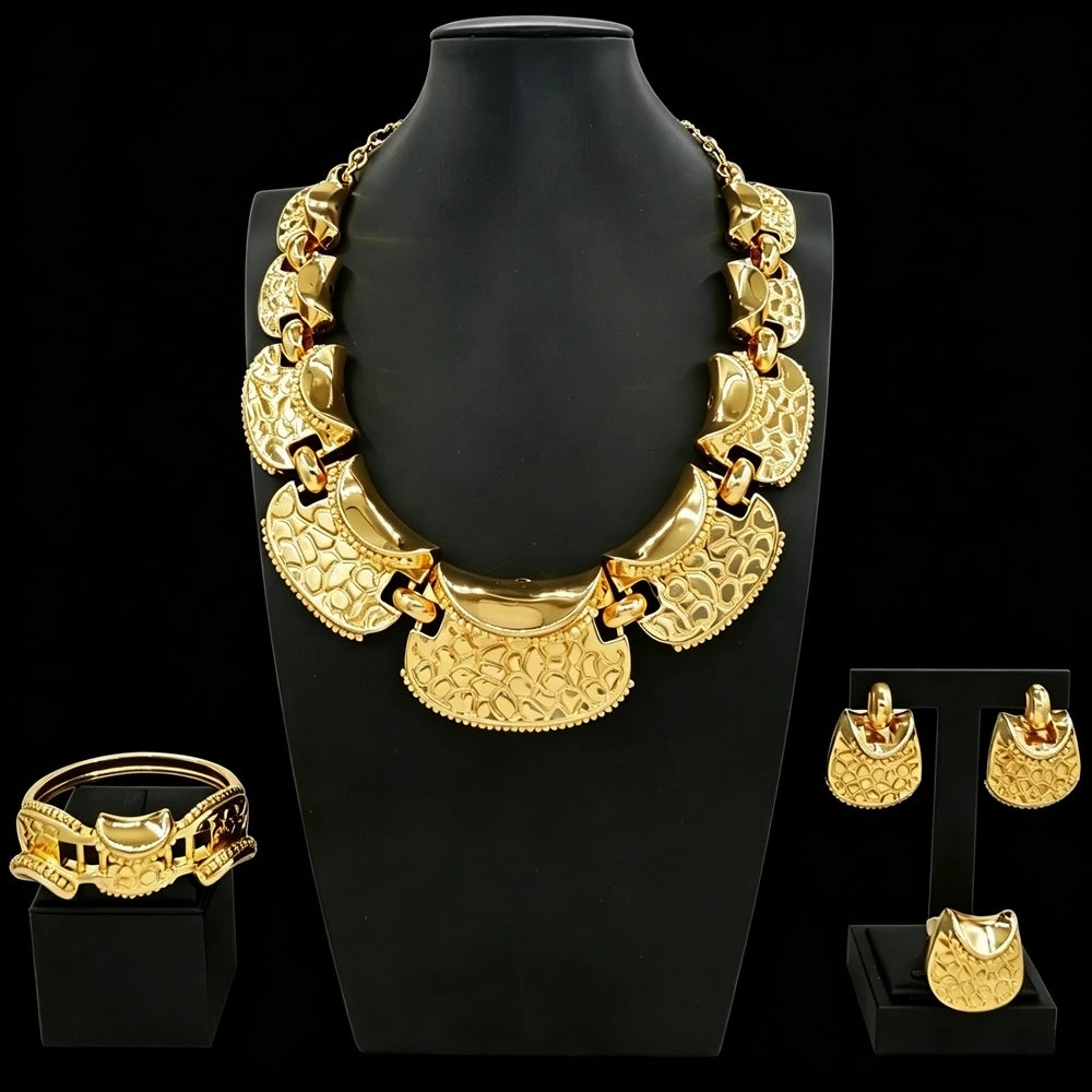 Luxury Brazilian Gold Jewelry Set Necklace Bracelet Earrings Ring Four-Piece Sets High-end Hollow Pendant Woman Jewellery Set