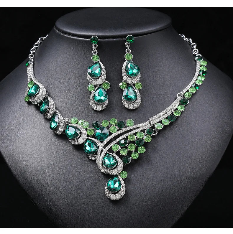 Retro Luxury Crystal Necklace & Earrings Jewellery Set | Rhodium & Gold Plated Banquet Fashion Set