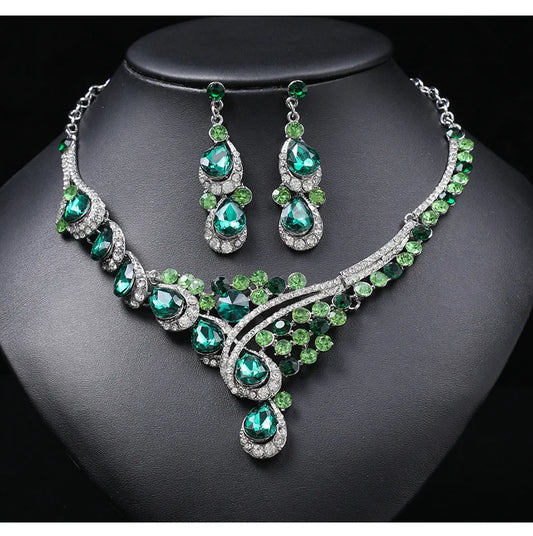 Retro Luxury Crystal Necklace & Earrings Jewellery Set | Rhodium & Gold Plated Banquet Fashion Set