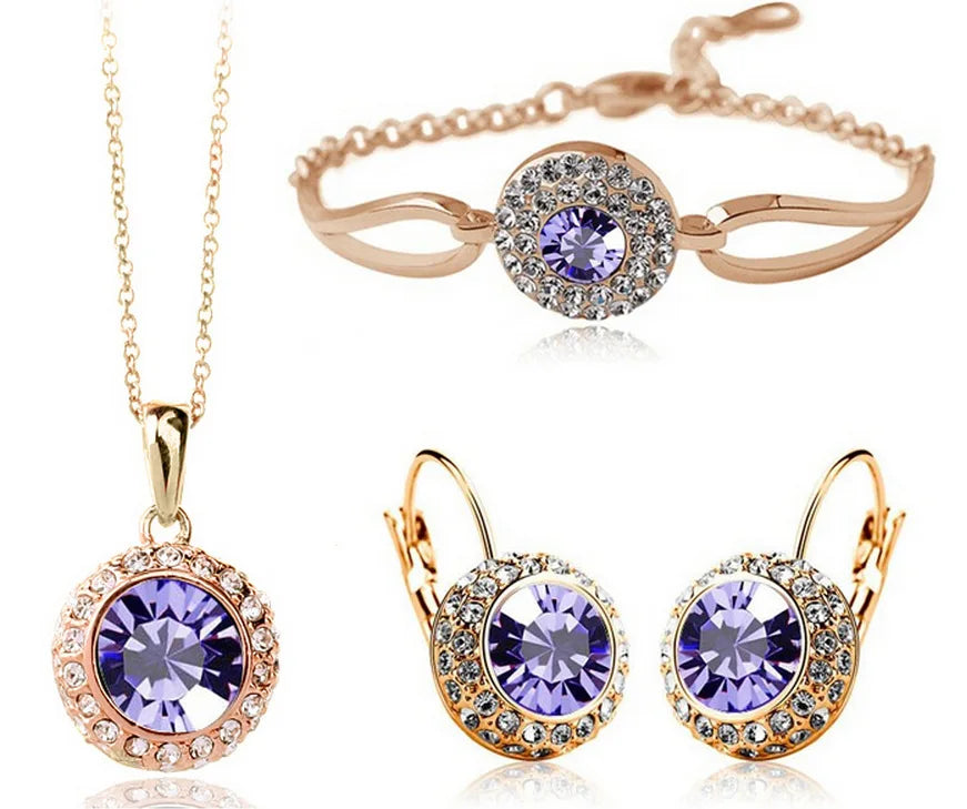 2026 Trendy Gem Stones Earrings/Bracelet/Necklace Big Statement Blue Enamel Vintage Style Gold Plated Jewelry Set for Women