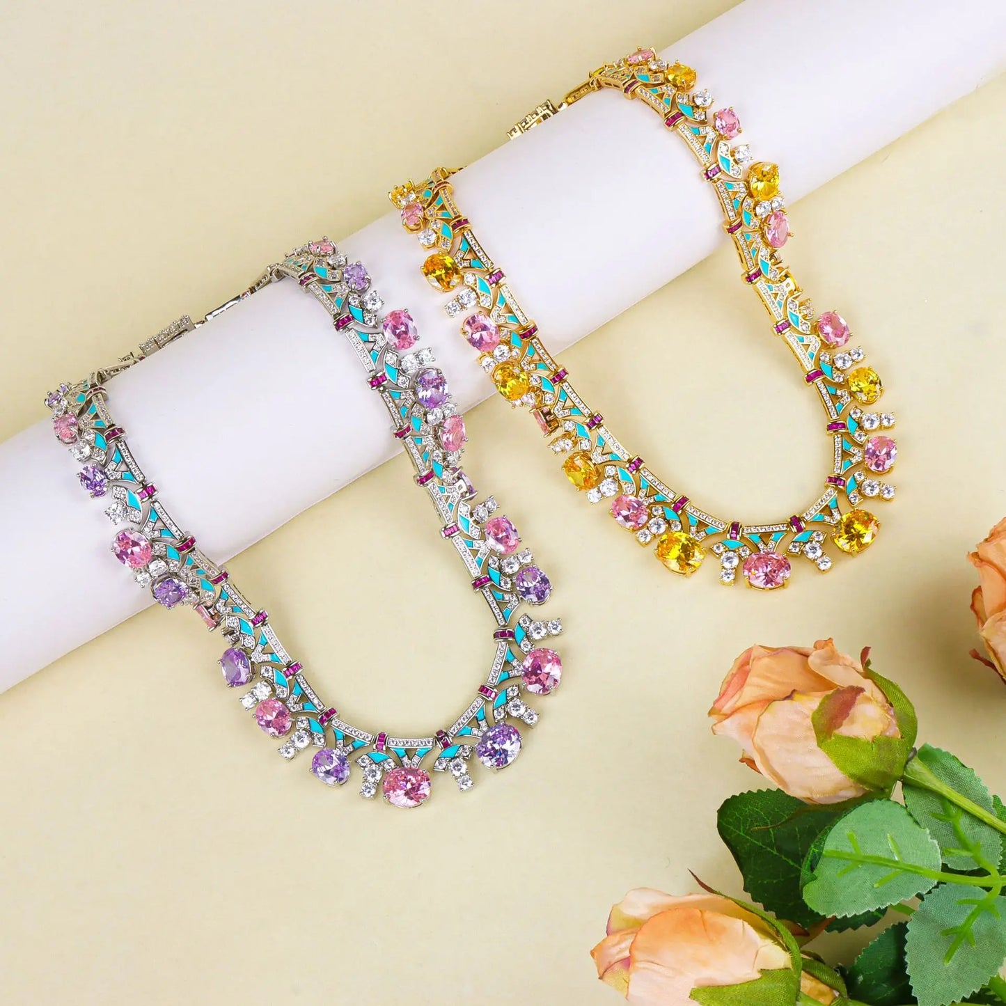 Luxury Flower Zirconia Choker Necklace & Earrings Set — Purple & Yellow