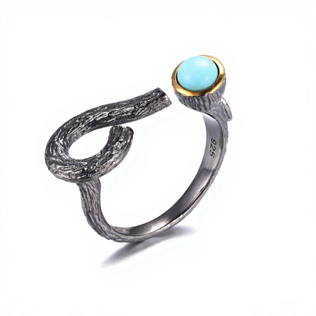 Natural Turquoise Bark Grain 925 Sterling Silver Ring with Gold Plated