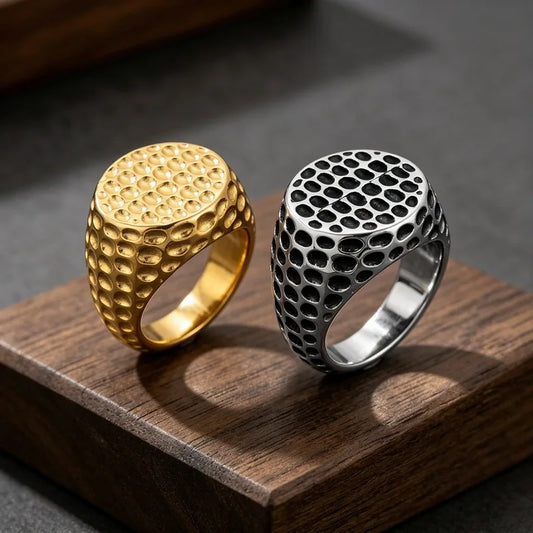 Kalen Punk Domed Hammered Texture Thumb Ring Vintage Blackened Wide Meteorite Pattern Stainless Steel Men's Ring