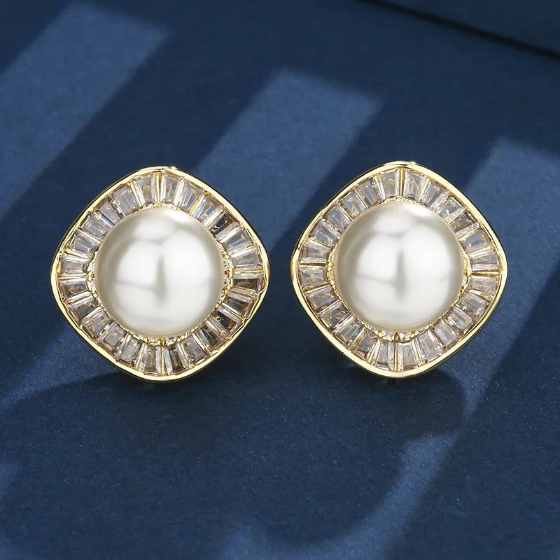 Gemfiori Hot Selling Gold White Pearl square Temperament Women's Copper Base Gold-plated Jewelry Bride Wedding Jewelry Set