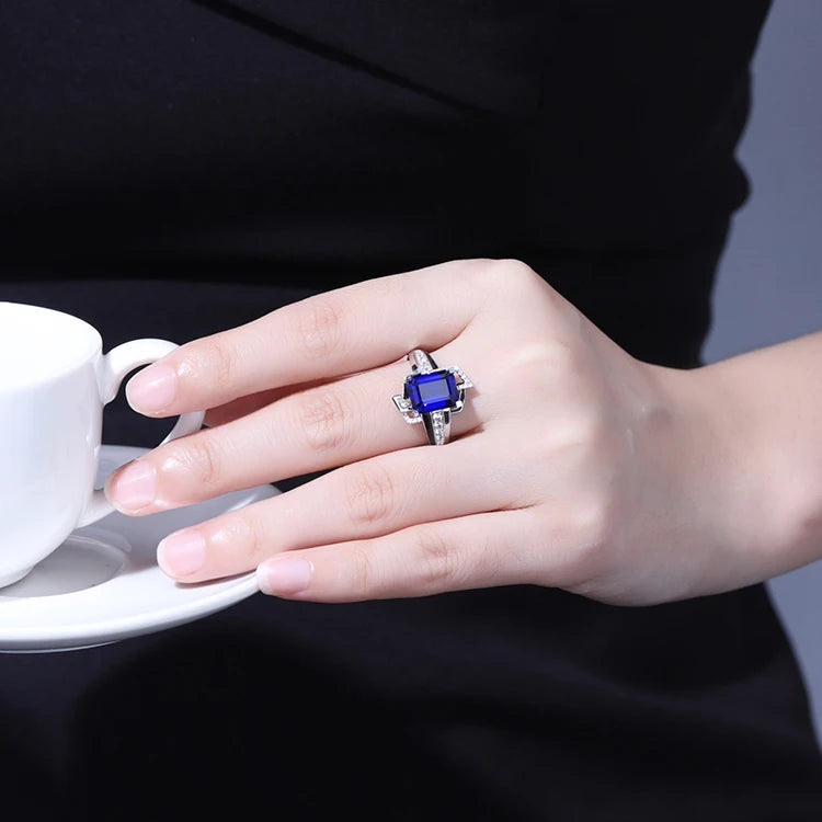 Gemfiori Anster 18K Gold Wedding Ring with 10ct Sapphire Gemstone Big Emerald Cut Butterfly Designs Blue Sapphire Stone Fine Rings