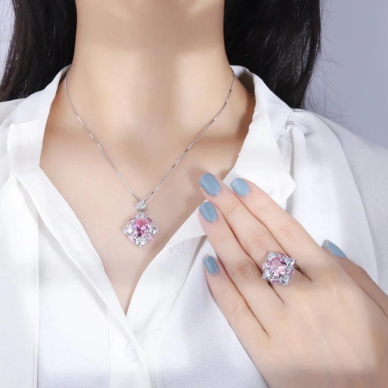 Gemfiori Sweetheart Peach Pink Zircon Necklace Petal Zircon Ring Fashion Light Luxury Set