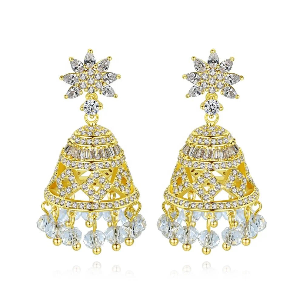 Classic Gold Color Indian Style Big Dangle Drop Earrings Bridal Wedding Inlaid Colorful CZ Star Shape Fashion Jewelry Bling New