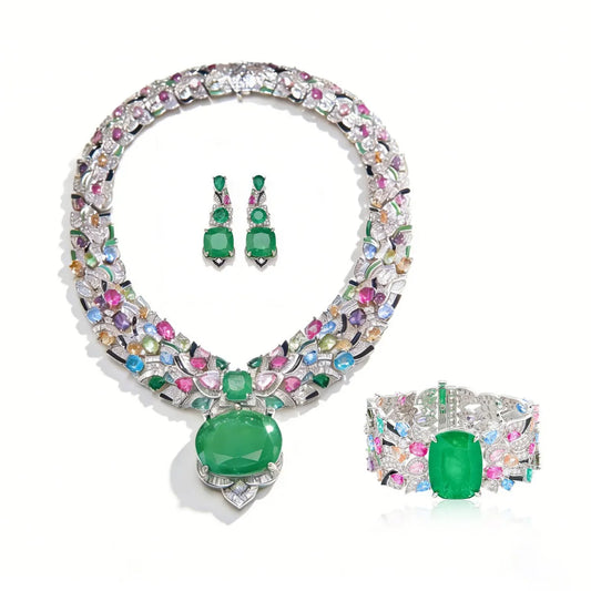 Luxury Colorful Gemstone Jewelry Set Gold Plated Enamel Heavy Design Brand Style Evening Party Dress Accessories
