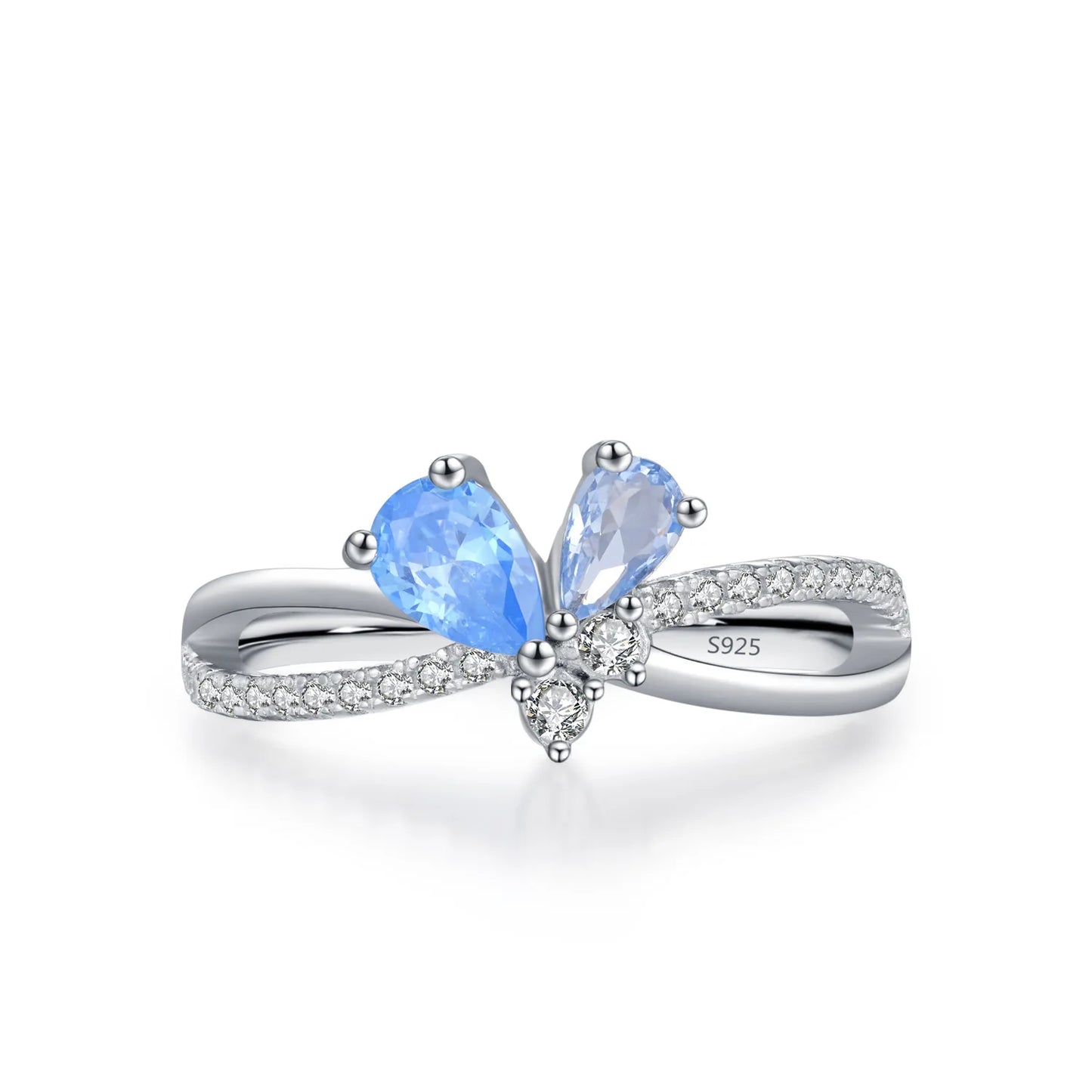 925 Sterling Silver Temperament Bow Sea Blue Diamond Ring Collarbone Chain Niche High-end Jewelry Set Gift Set
