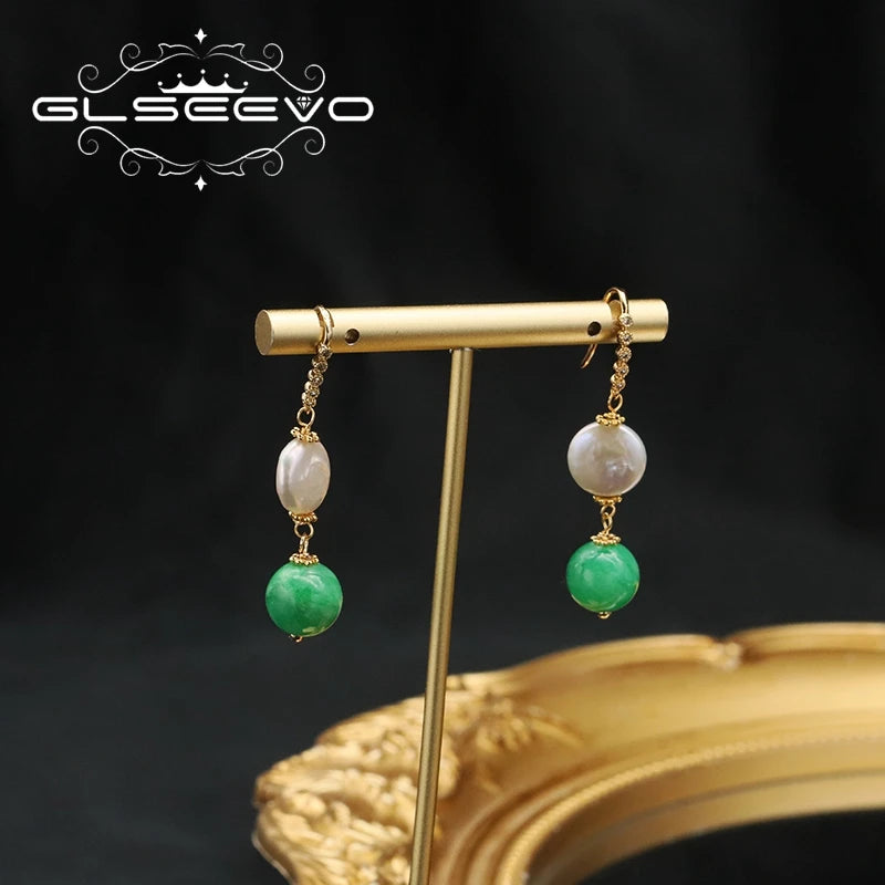 GLSEEVO 925 Sliver Lapis Beryl Baroque Drop Earrings for Woman Exquisite Luxury Temperament Hanging Jewelry Wedding Party Gift