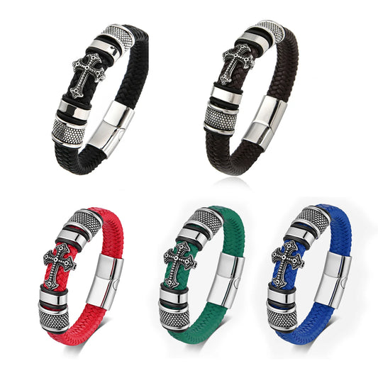 New Titanium Steel Cross Leather Braided Bracelet Magnetic Buckle Men's Leather Bracelet