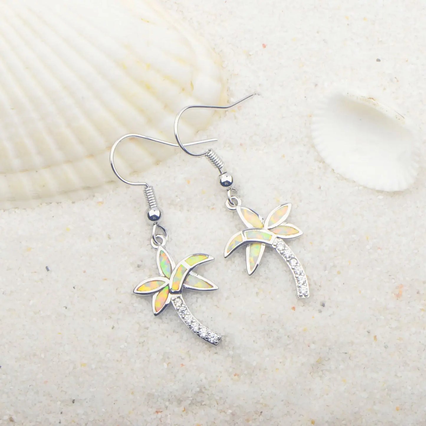 Tropical Palm Tree Opal Drop Earrings - Iridescent Opal Fronds & CZ Trunk Design | Vacation-Chic Daily Jewelry Bulk Gifts