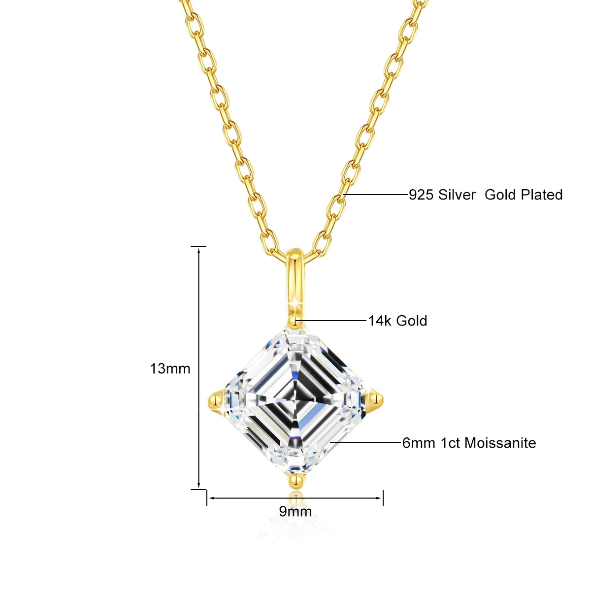 Gioiellieri Women's Christmas Gift 3D Hard Gold Craft True 14K Gold Luxury Asscher Moissanite 1ct 2ct 3ct Pendant