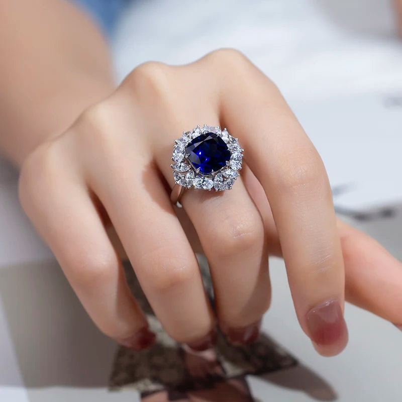 Messi Jewelry MSR-951 S925 Lab Sapphire Cushion Cut Ring Flower Design Engagement Ring  Wedding Band Classic  Gift Band
