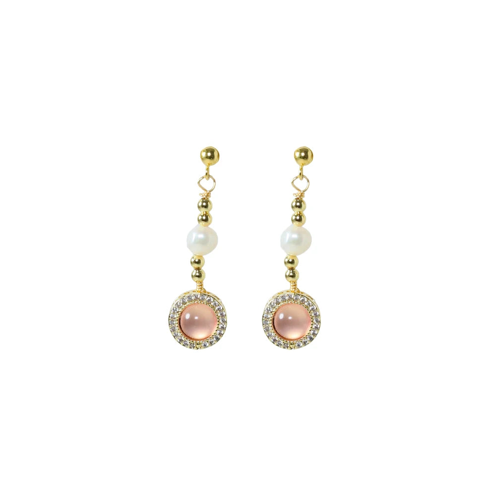Natural Freshwater Pearl Inlaid Pink Crystal Gold Bead Earrings Korean Style Women Luxury Jewelry Fashion Ladies Gift GE1548