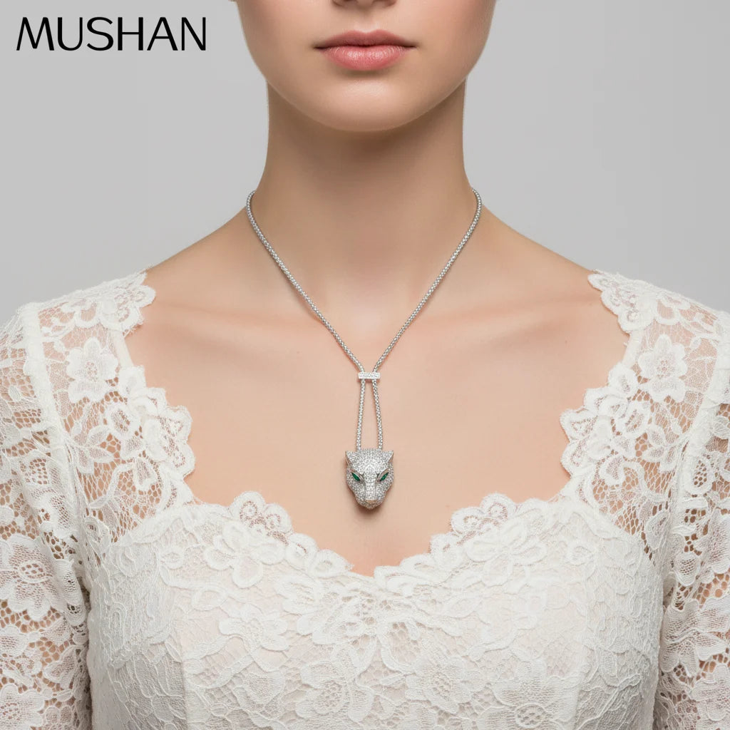 MUSHAN Jewelry Factory 925 Sterling Silver Pendant Necklaces HCD Synthetic Emerald Stones Leopard Head Necklace Pendants Jewelry