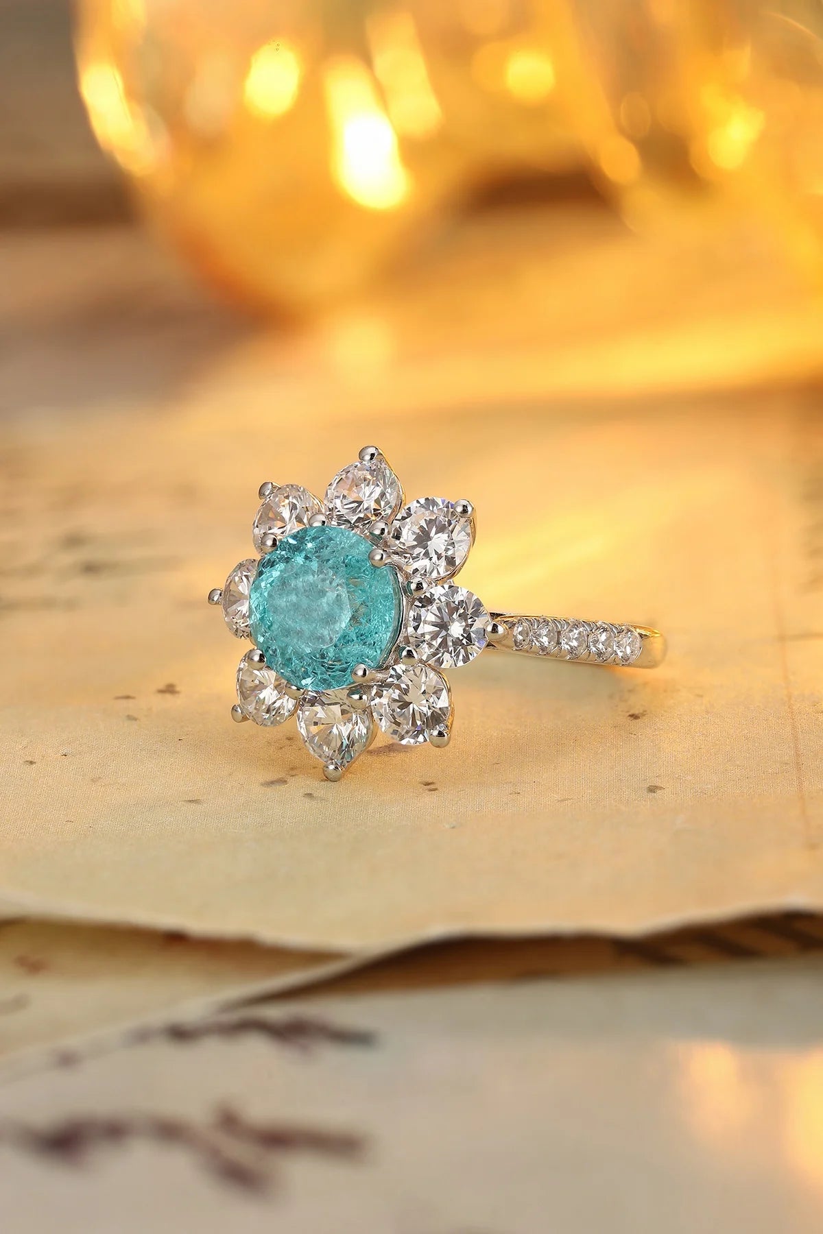 Gemfiori Anster 925silver Round Lab Grown Paraiba and Moissanite Ring for Women Customized Service Rings Acceptable