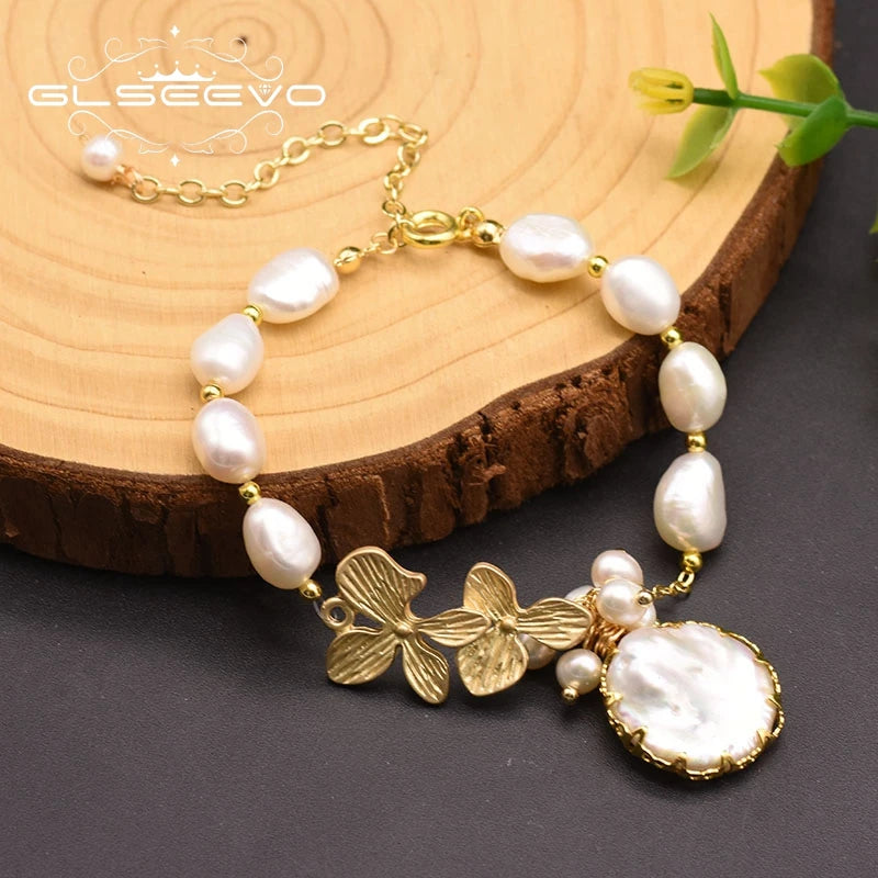GLSEEVO Natural Freshwater Baroque Pearl & Gold Flower Leaves Jewellery Set — Necklace, Earrings & Bracelet