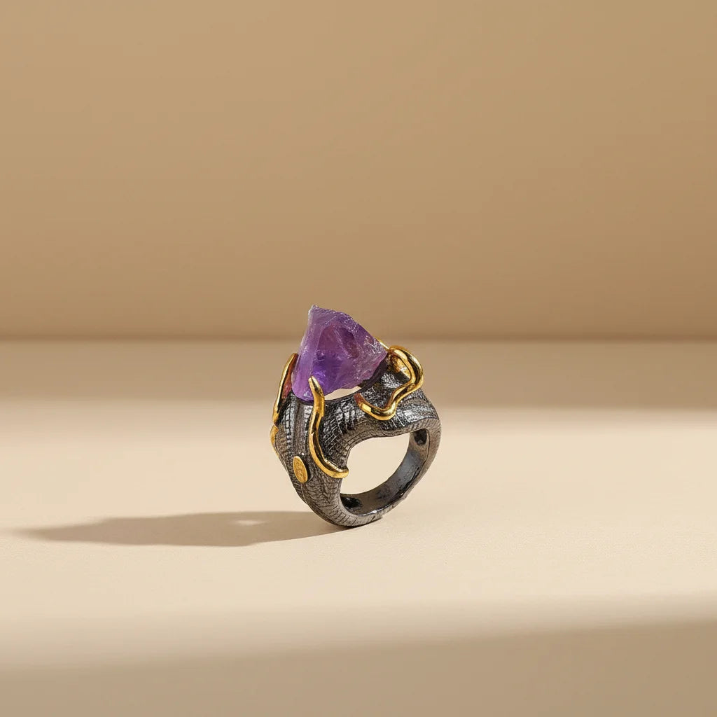 OEM Natural Purple Amethyst Rough Gemstone Handmade 925 Sterling Silver Ring Jewelry