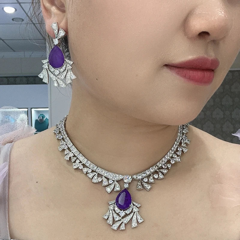 Luxurious Purple Water Droplet Necklace Earrings Fashionable Inlaid Cubic Zirconia Brass Women's Sexy Dress Accessories