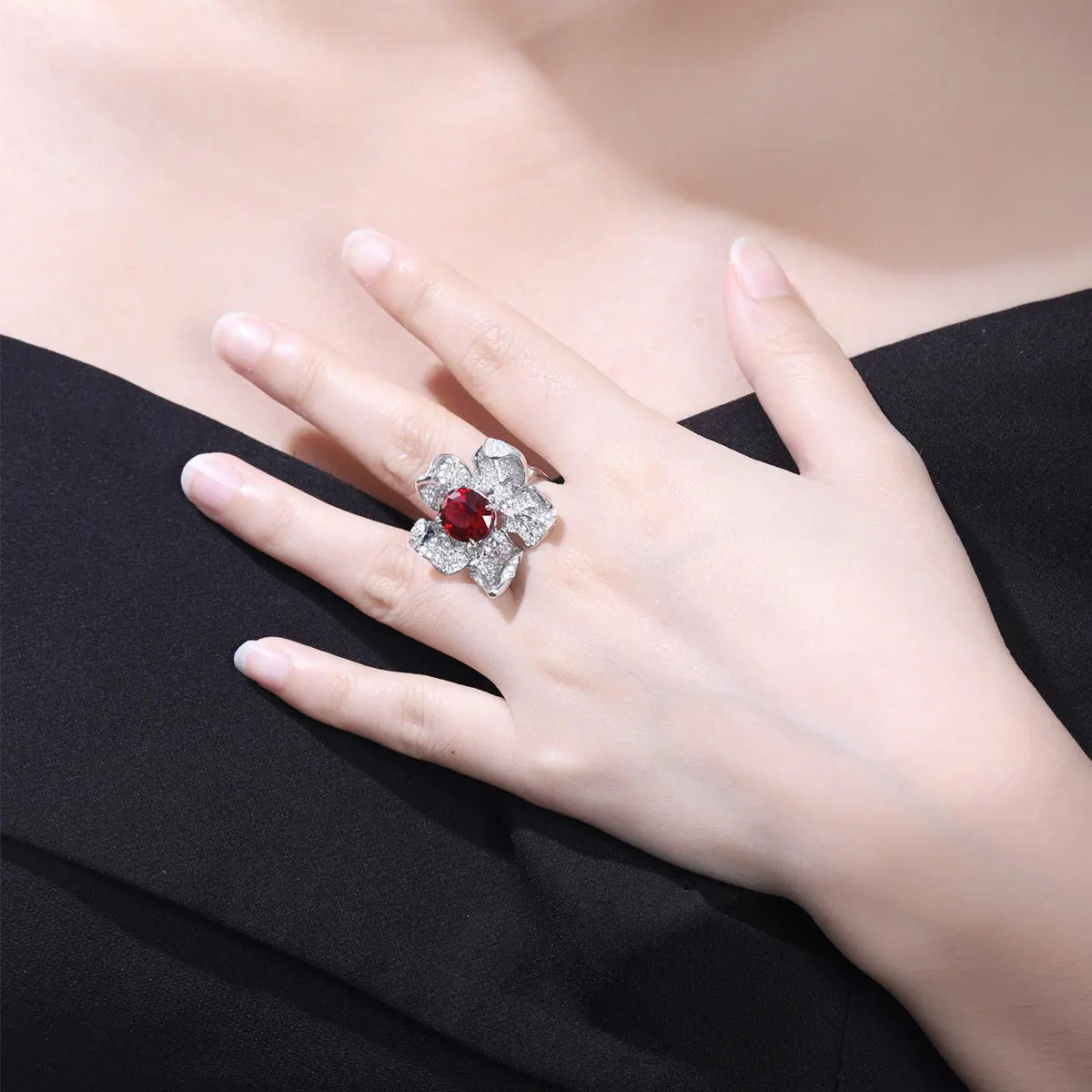 Gemfiori Anster Oval Shape 9k 10k 14k 18k Lab Created Ruby Flower Rings for Women Ring Trendy Style Jewelry
