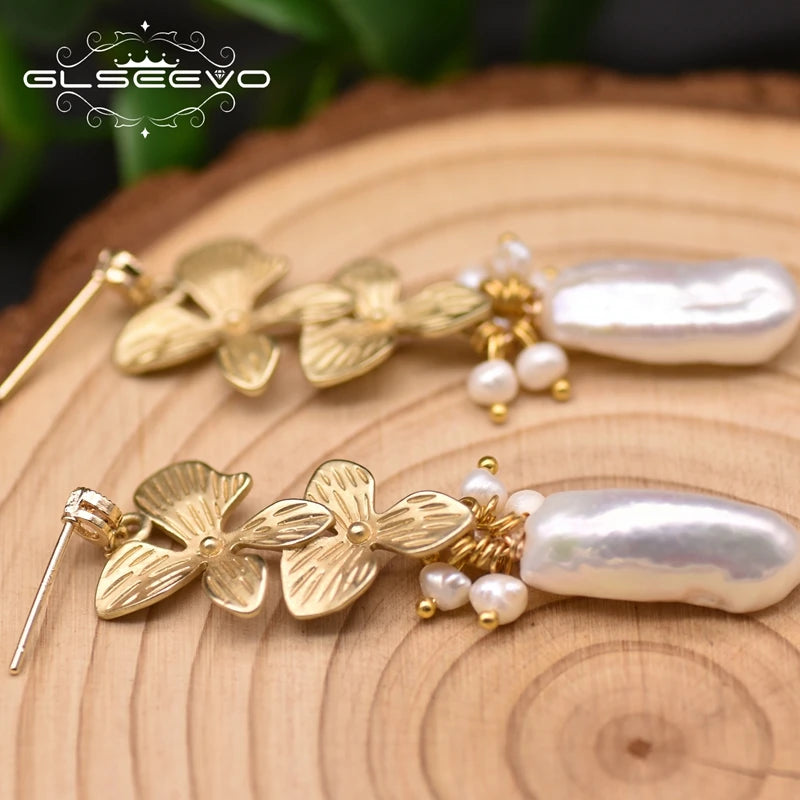 Natural Baroque Pearl Long Flower Drop Earrings for Women Wedding Engagmement Gift Handmade Jewelry Earrings Bulk