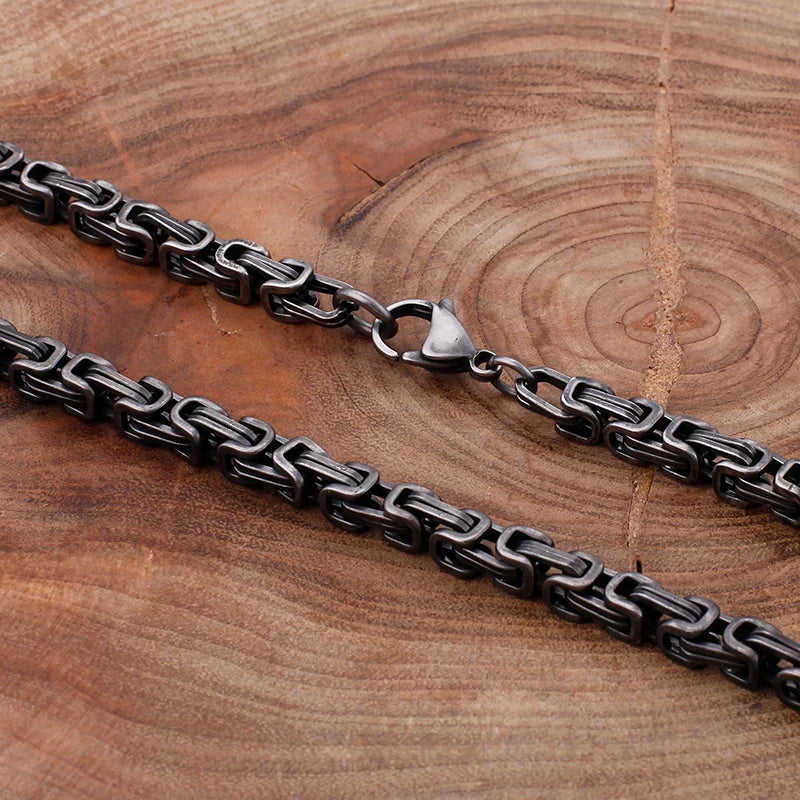 REBEL VIKING Matte Black Byzantine Chain Necklace – 316L Stainless Steel Men's Vintage Dark Chain