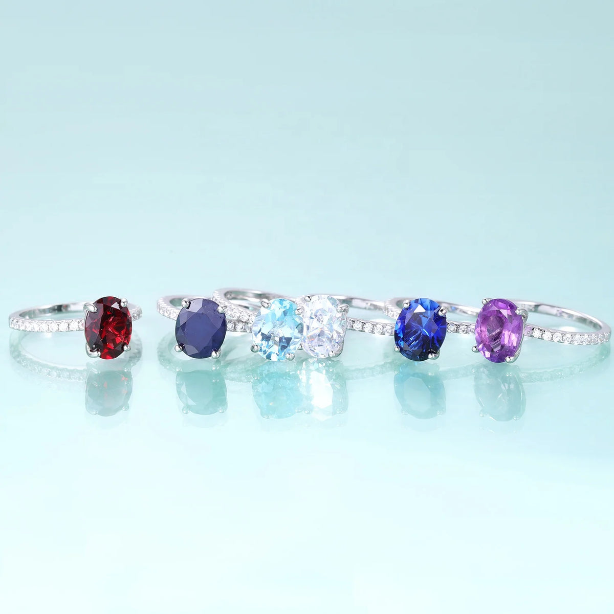 Gemfiori Natural Gemstone Big Main Stone Oval Cut 8*10MM 925 Sterling Silver Women Jewelry Ring Garnet Amethyst Sky Blue Topaz Ring