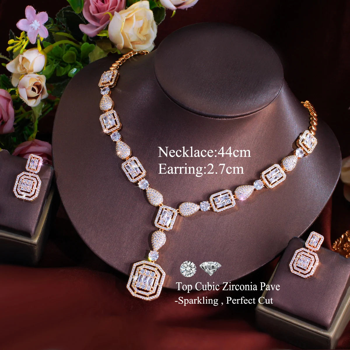 Elegant Cubic Zirconia Brazilian Gold Plated African Nigerian Necklace and Earrings Bridal Jewelry Sets for Women Wedding Party