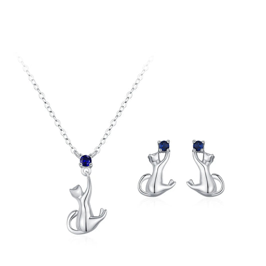 925 Sterling Silver Cute Little Cat Earring Necklace Set Fashion Personalized Animal Jewelry Gift Set