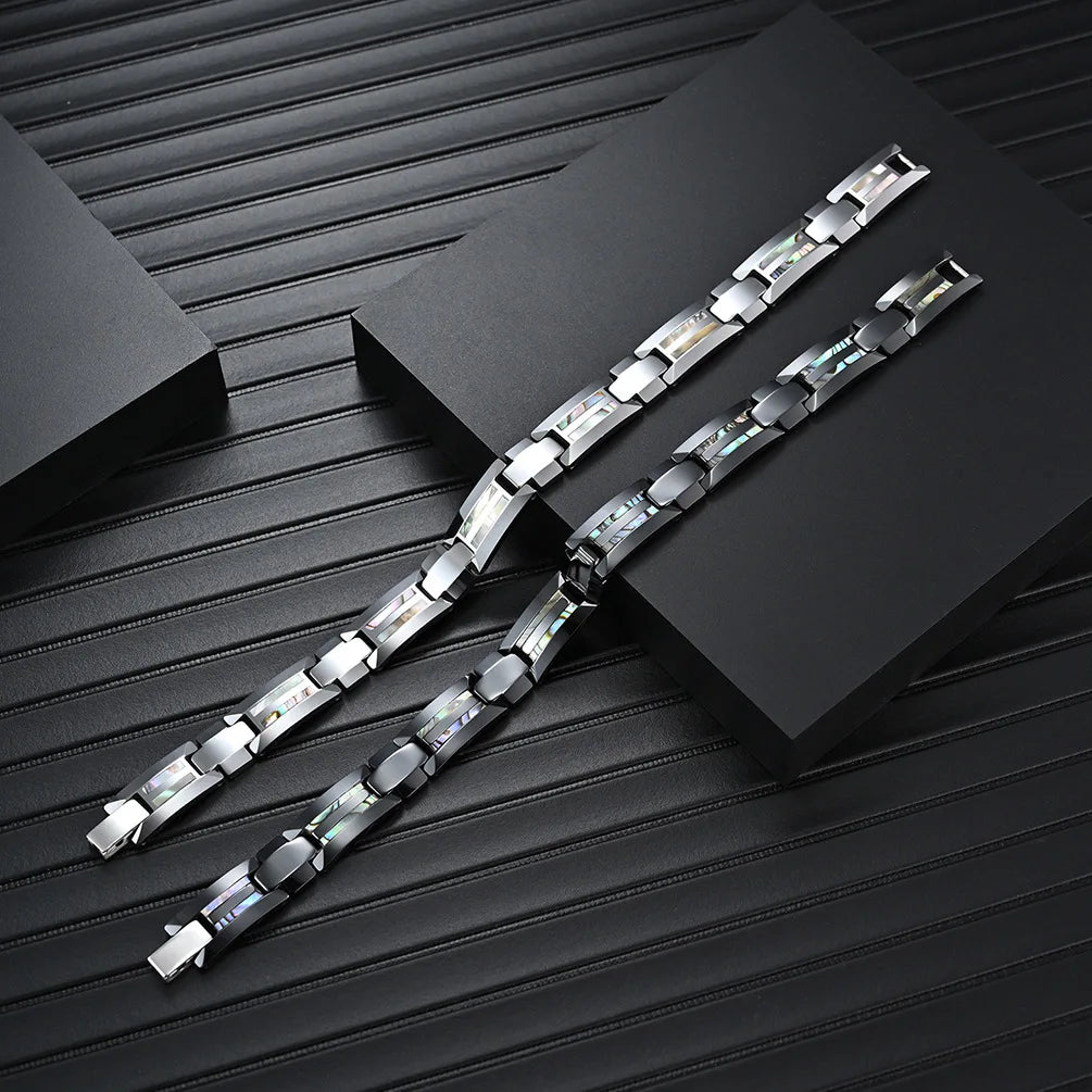 Factory Simple Tungsten Steel Ceramic Bracelet for Men Epoxy Resin Wood Shell Inlay High Polish Export Jewelry Gift Supplier