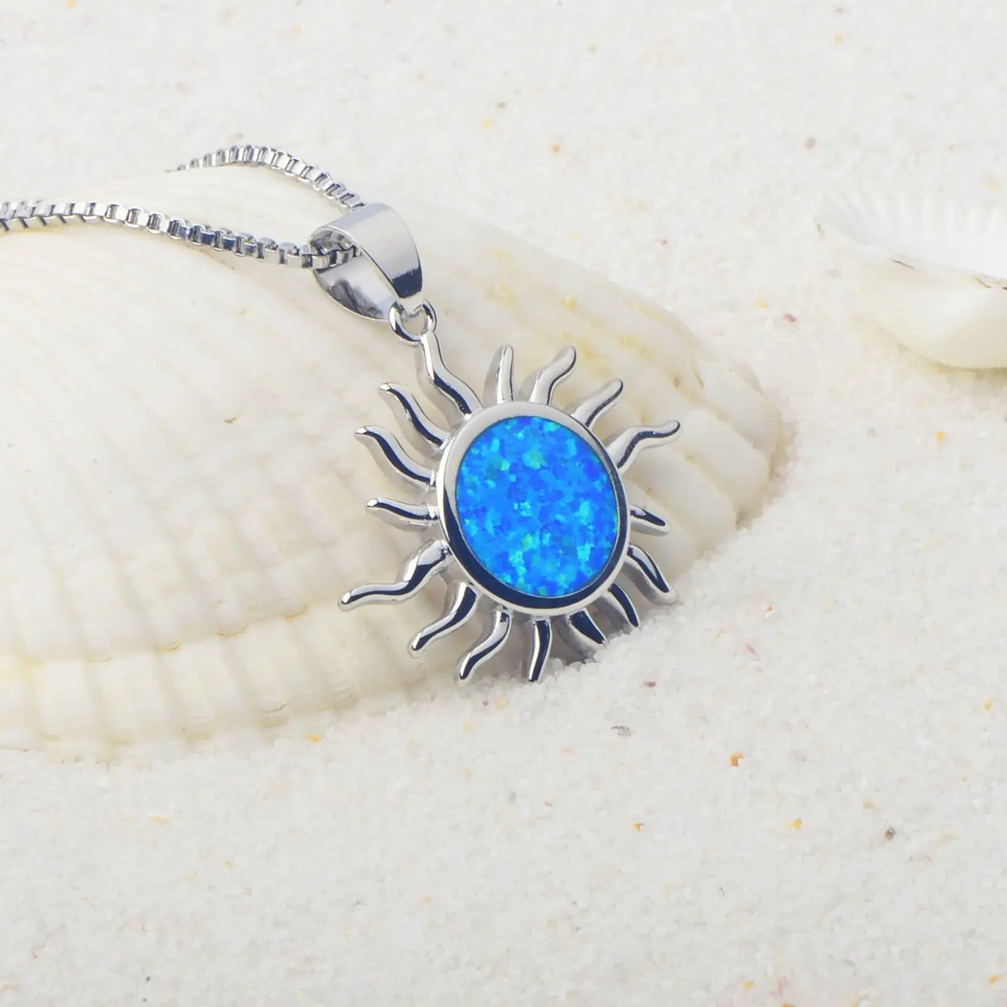 Aobao Christian Copper Silver Plated Minimalist Sun Pendant Opal Inlay Link Chain Sweater Necklace Gift Wholesale