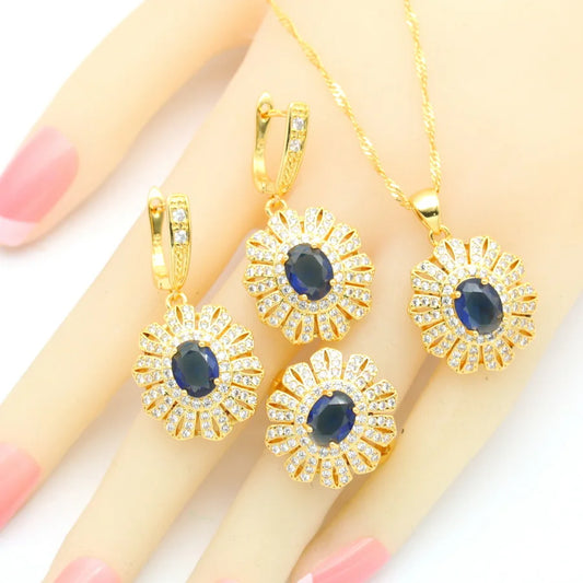 2023 New Blue Cubic Zirconia Jewelry Set for Women Earrings Open Ring Pendent Necklace for Wedding or Engagement