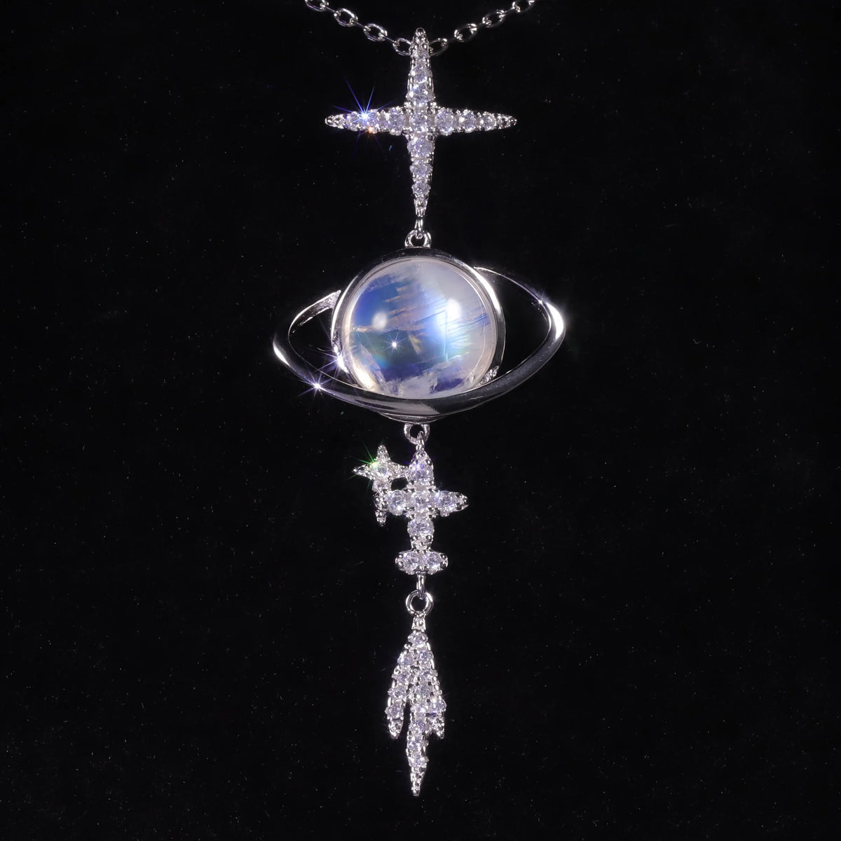 ArtistA C8155 Abiding Beautiful Design Glowing Milky Blue Moonstone Planet Zircon Star 925 Silver Dangle Pendant Necklace