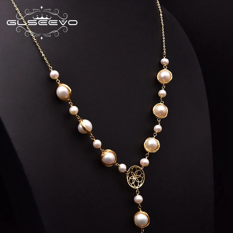 Natural Freshwater Pearl Chain Necklace for Woman Wedding Handmade Pearl Pendant Long Chain Fashion Jewelry
