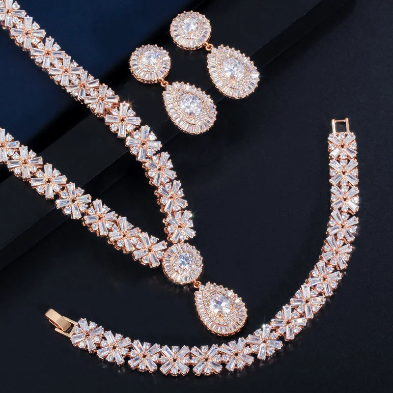 Shiny Luxury Dubai Gold Plated Jewelry Sets Cubic Zircon Big Water Drop Earrings Necklace Bracelet for Ladies Wedding Bridal
