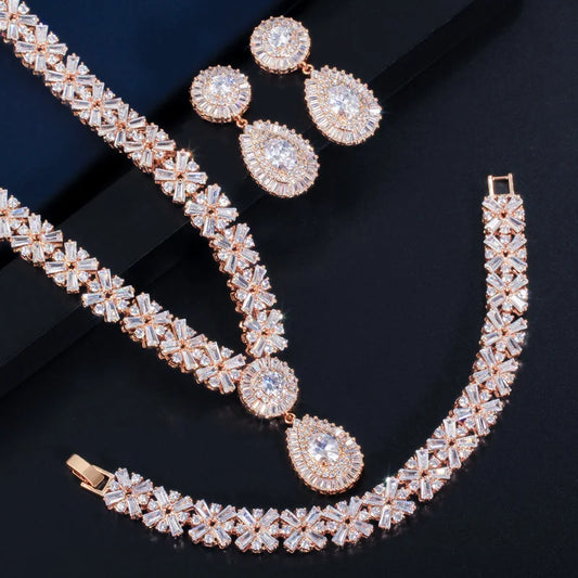 Shiny Luxury Dubai Gold Plated Jewelry Sets Cubic Zircon Big Water Drop Earrings Necklace Bracelet for Ladies Wedding Bridal