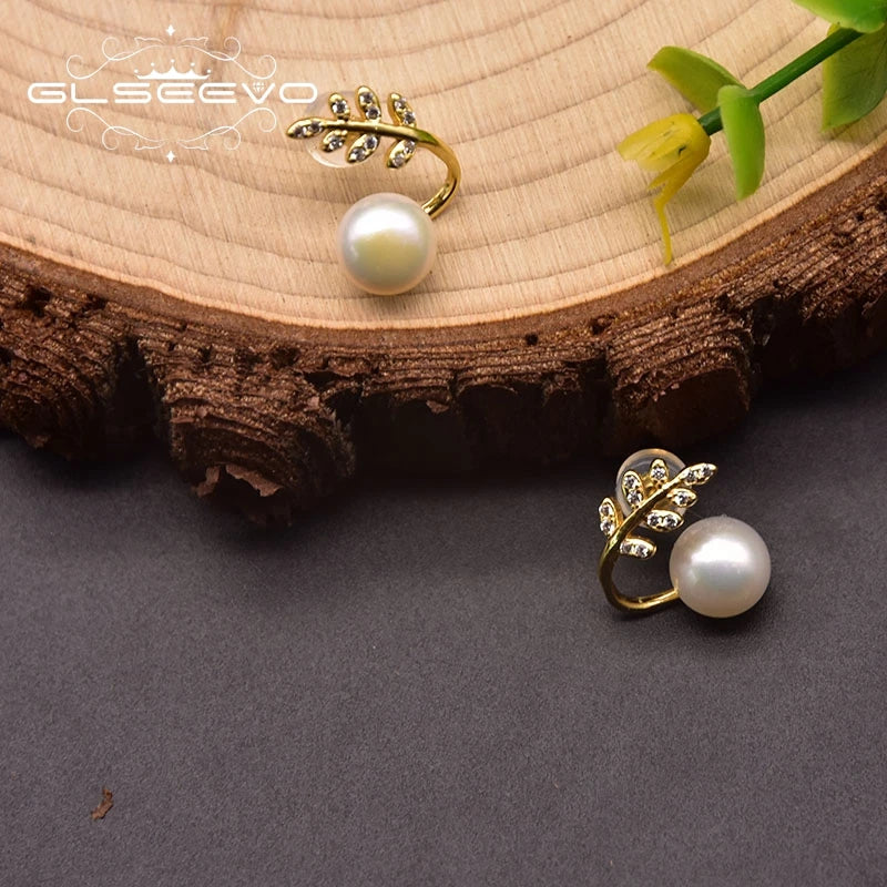 Natural Freshwater  Pearl Stud Earrings for Women  Gift 925 Sterling Silver Leaf Zircon Style  Earrings  Fashion Jewelry