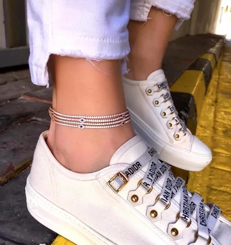 High Quality Summer Beach New Styles Paved Clear Blue CZ Evil-Eye Charm Foot Anklet 2mm Tennis Link Chain Jewelry for Women Girl